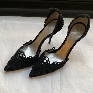 Giorgio Armani Black Satin Braided D’Orsay Evening Pumps